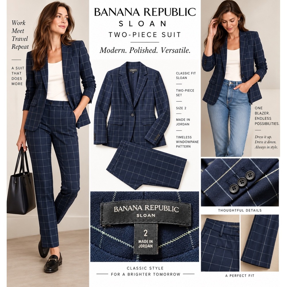 Banana Republic Womens Suit Size 2 Navy Windowpane Blazer Sloan Pants 2pc Set